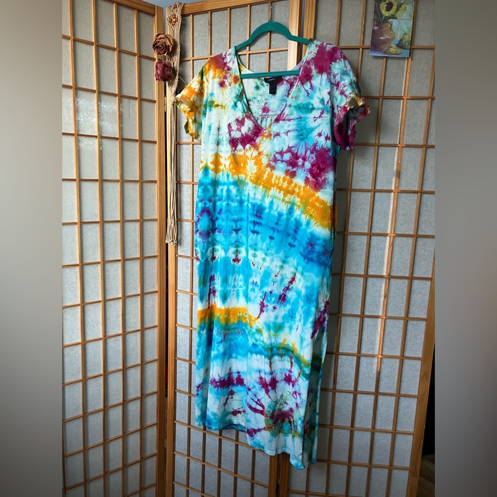 HAND DYED Tie Dye Forever 21 Cotton T-Shirt Maxi Dress With Pockets & Slits OOAK